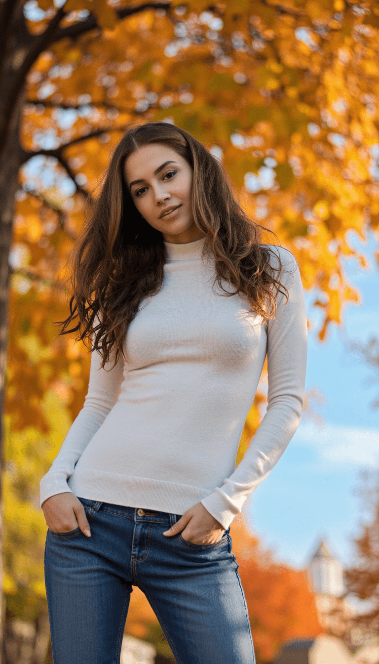AI generated: Low angle shot of a fit woman with long, wavy, frosted brunette hair, wearing a tight white sweater ...