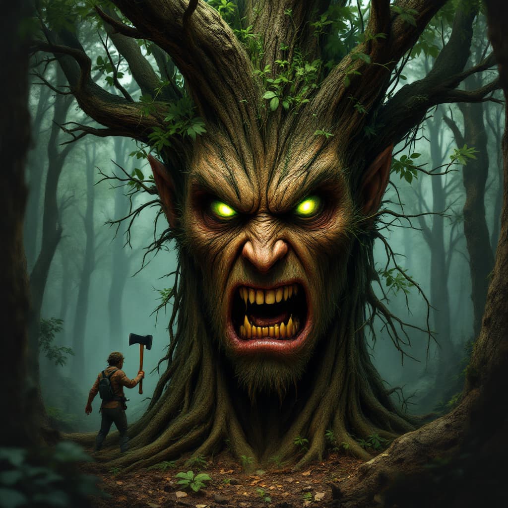AI generated: Create an image depicting an "arbomorph" face showing intense anger as a person approaches with an a...