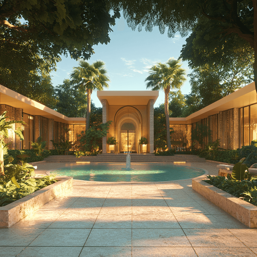 AI generated: mid-century modern mansion themed around the mythical griffin, featuring bold angular shapes, a
maj...