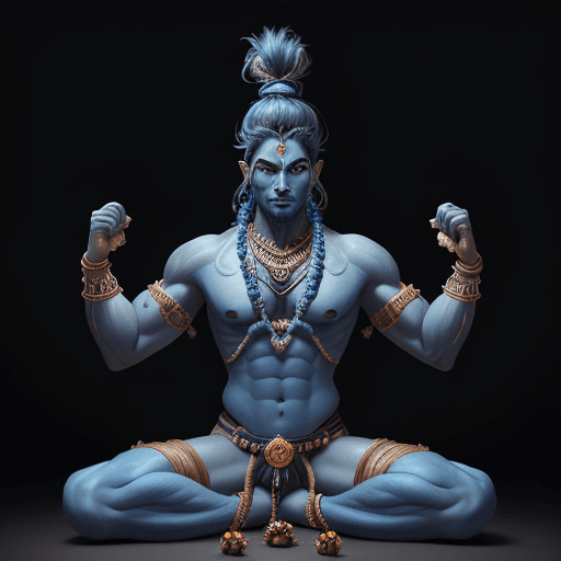 AI generated: Hyper realistic masculine, blue skin colored shiva, with man bun, and Rudraksa beads, in Nataraja po...