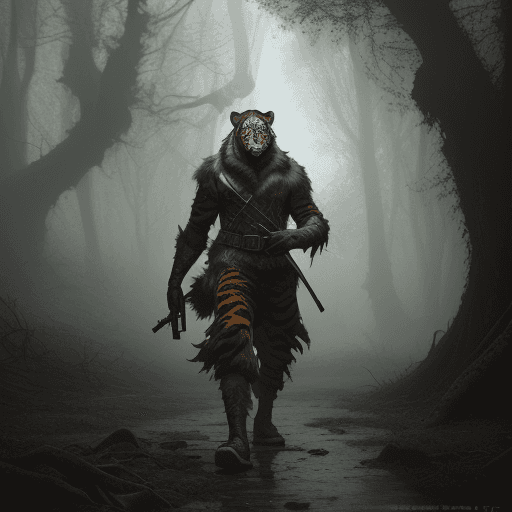 AI generated: a man dressed as a tiger holding a gun, concept art, by Adam Marczyński, fantasy art, cinematic real...