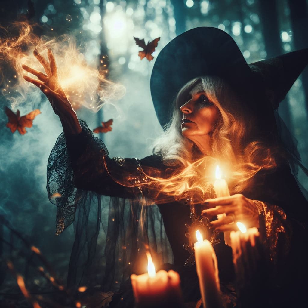 AI generated: an old  witch performs magic in a gloomy forest,in candlelight,mystical,dynamic light,halloween,