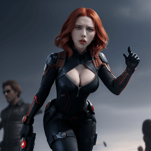 AI generated: η black widow της marvel ,λευκο χρωματιστο ιδρωτα και γονατισμενη ,  δειχνει μπερδεμενη , σε ενα πεδ...