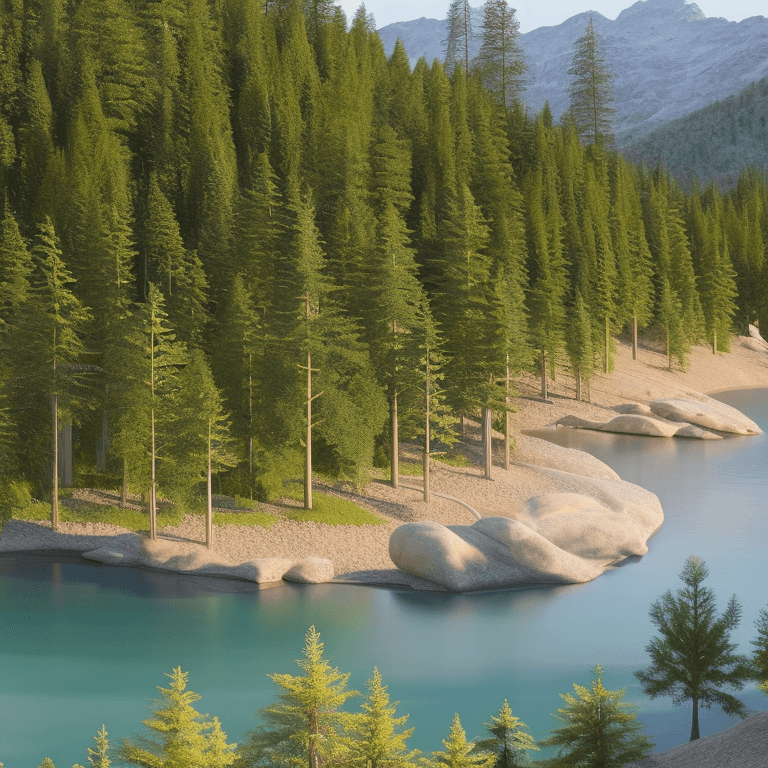 AI generated: photorealistic oil on canvas, 
pine trees by a river and hill,
beautiful setting, 
Foreground,
unrea...