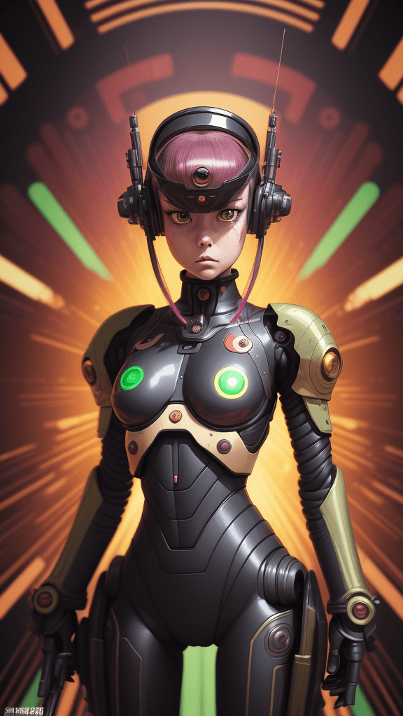 AI generated: in a funky background portrait of little Android woman. Prominent eyes, wearing complex army uniform...