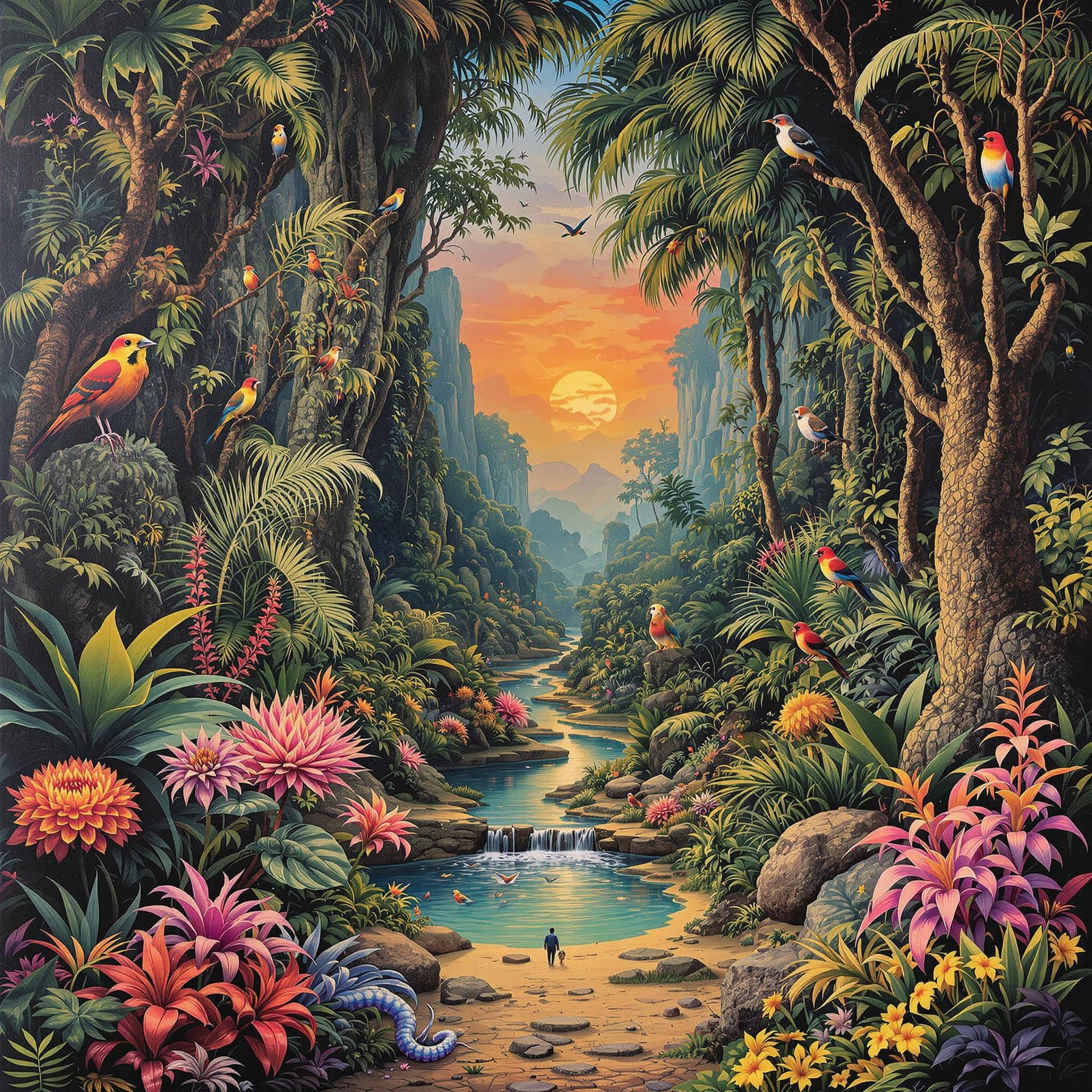 AI generated: A distant ancient land that has been hidden in the jungle for centuries with strange plants, exotic ...