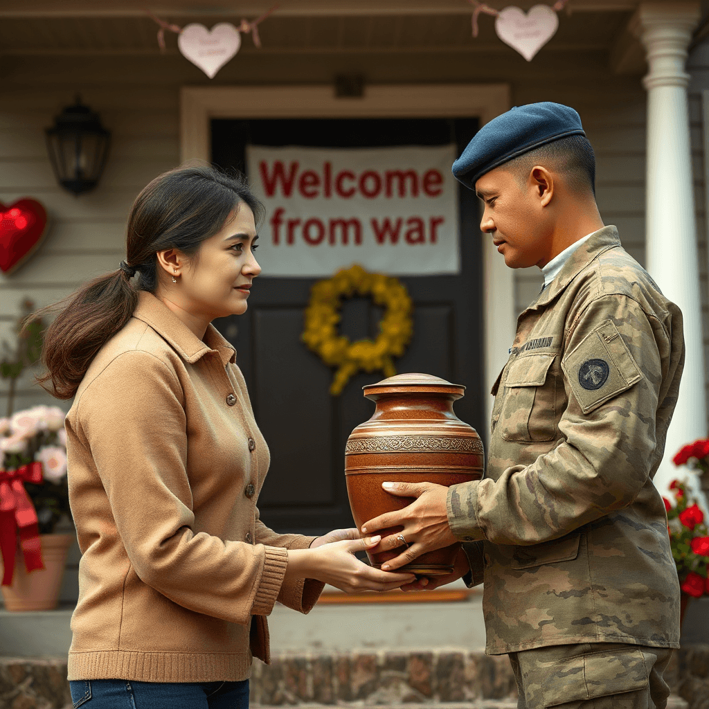 AI generated: family with sad expression on her face receiving an urn from a soldier in front of a house, in the b...