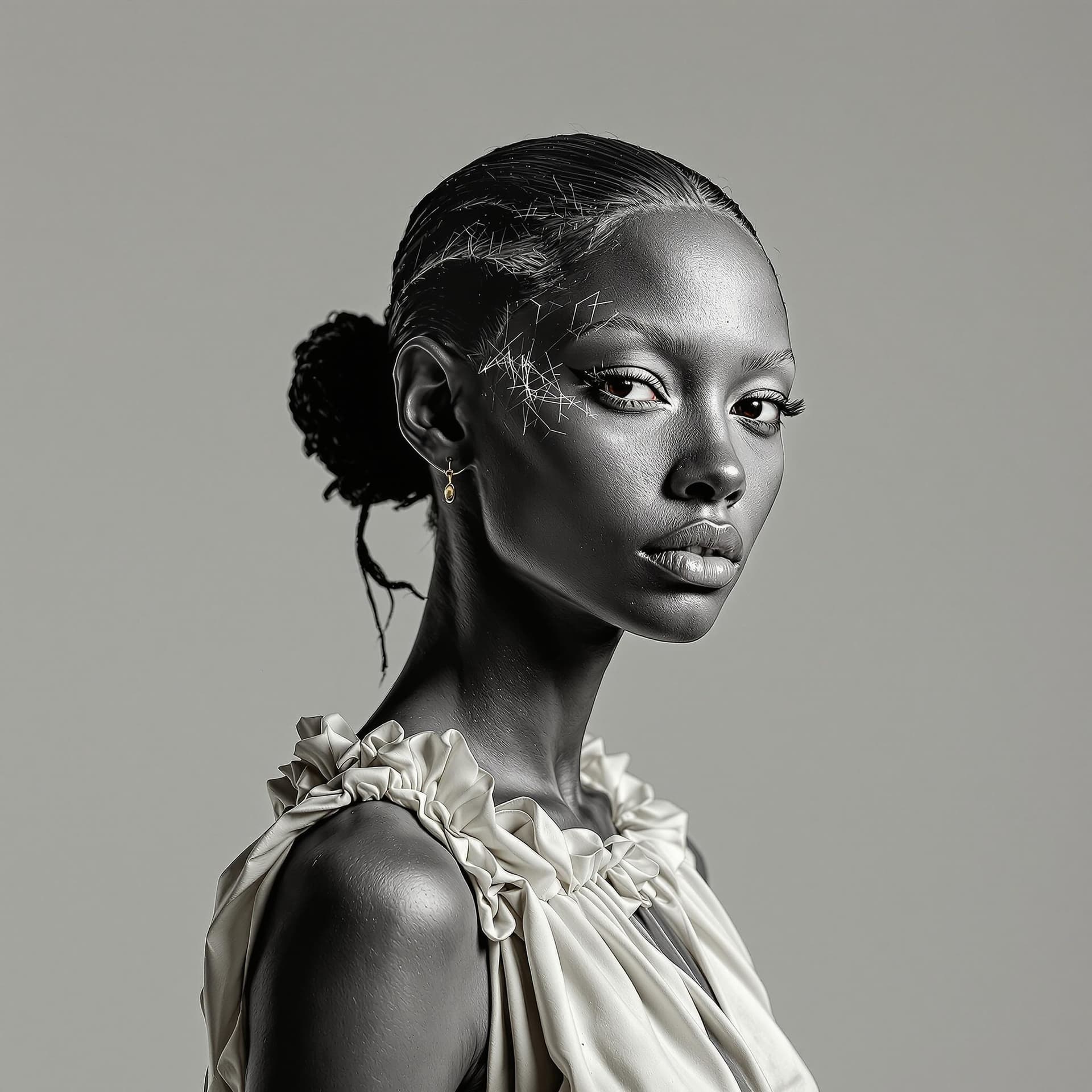 AI generated: high fashion portrait of a woman with rough skin, wearing a dress made from light fabric in the styl...