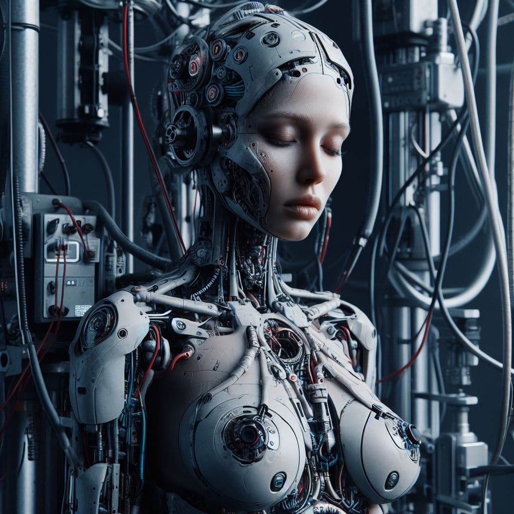 AI generated: A woman is connected to a mechanical machine.she is connected to it with cables and wires.she is a c...