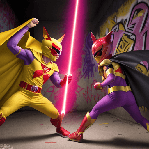 AI generated: red power ranger with bat ears and a yellow cape versus a purple power ranger with bat ears and red ...