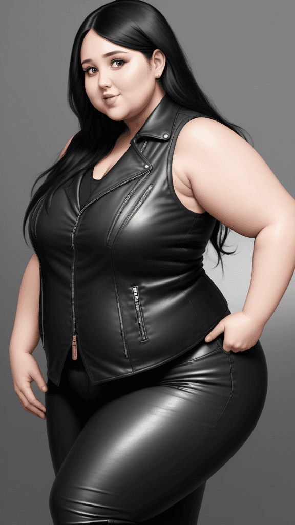AI generated: 30 year old chubby woman, biceps, long black hair, wears sleeveless biker vest, wears leather pants,