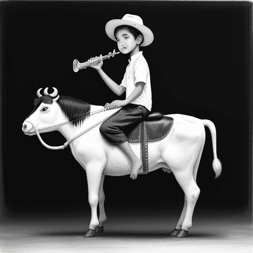 AI generated: Please draw in black and white a boy riding a cow and playing the flute.