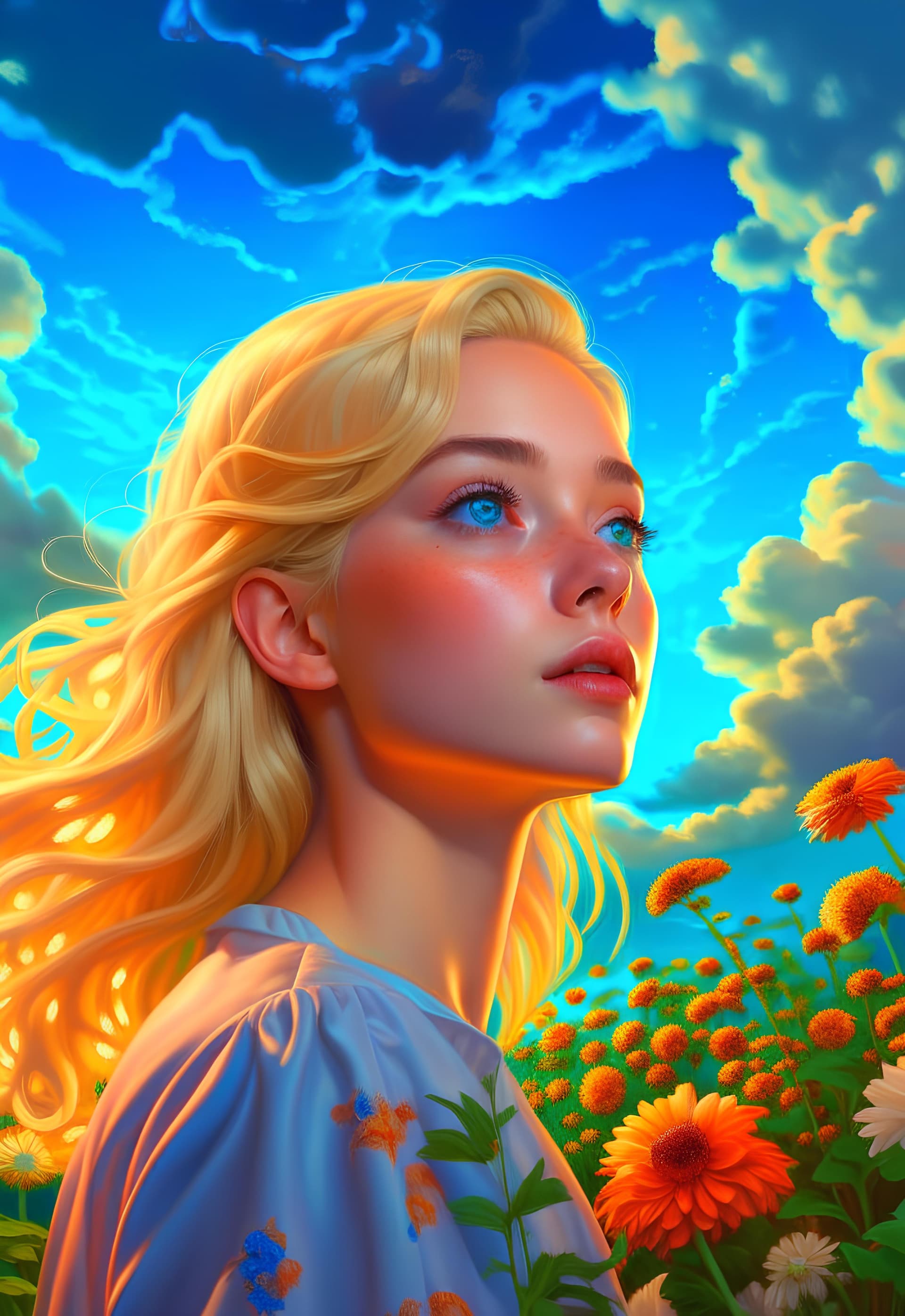 AI generated: 1girl, blonde hair, blue eyes, beautiful eyes, detail, flower meadow, cumulonimbus clouds, lighting,...