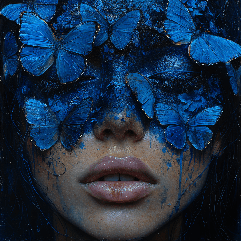 AI generated: work of art in the style of Rene Magritte, containing several butterflies, woman, dark blue, black, ...