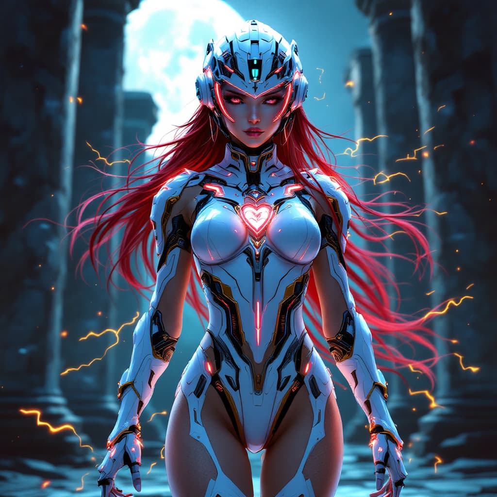 AI generated: "4K, anime-semi-realistic full-body illustration of a female Reploid warrior, merging Cybertronian a...