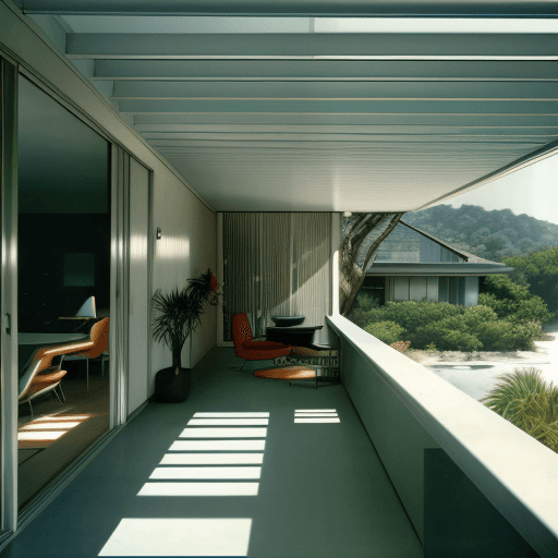 AI generated: Hyper realistic eye level exterior photo of a mid century modern style house overlooking the ocean, ...