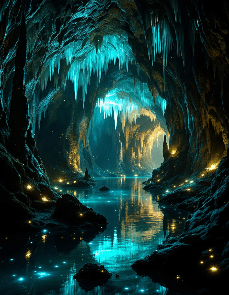AI generated: A finely detailed, photorealistic image of the Waitomo Caves in New Zealand. The vast underground ca...