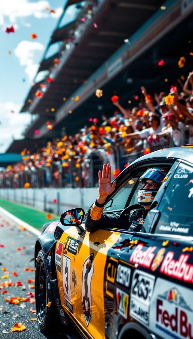 AI generated: Summer. On the race track, on the Walk of Fame, a car with the logos of its club on the sides stops....