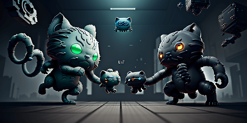 AI generated: ultra-high-resolution, battle between GitHulk and OctoCat. Include floating binary code and commit l...