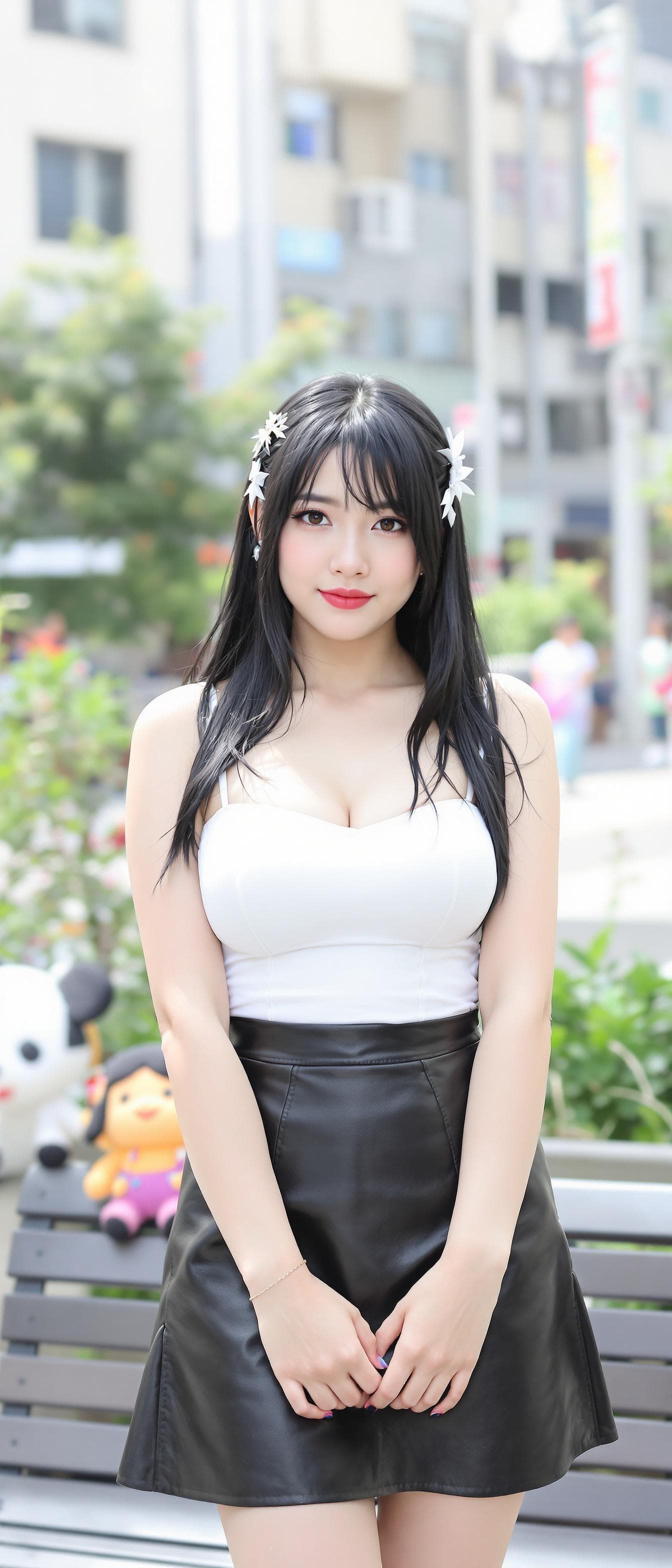 AI generated: a woman, indonesian woman, outdoors, city, tokyo, street view, building city, standing, arms between...