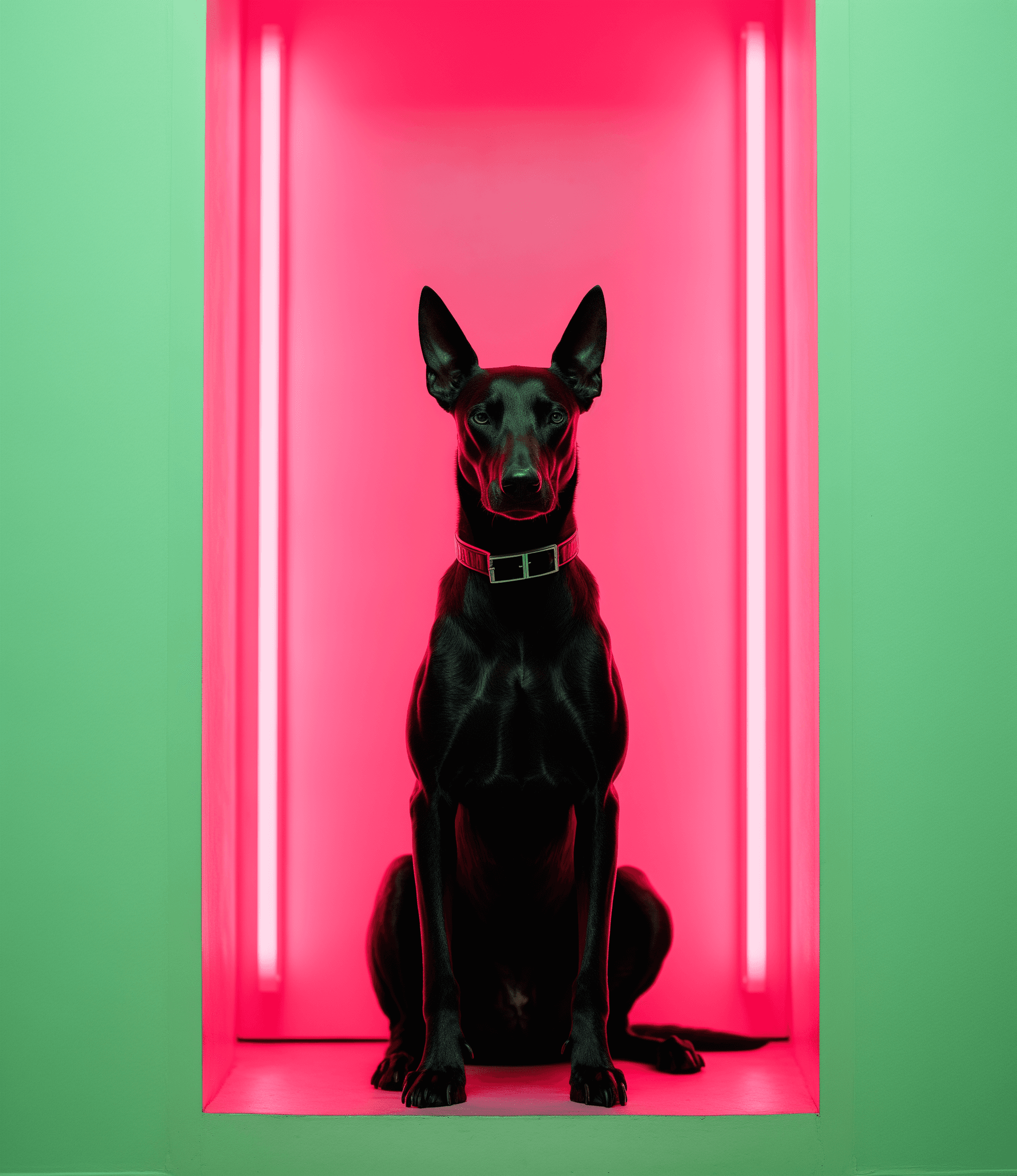 AI generated: A black dog sitting on top of a pink chair in front of a green door, in the style of Petrina Hicks, ...