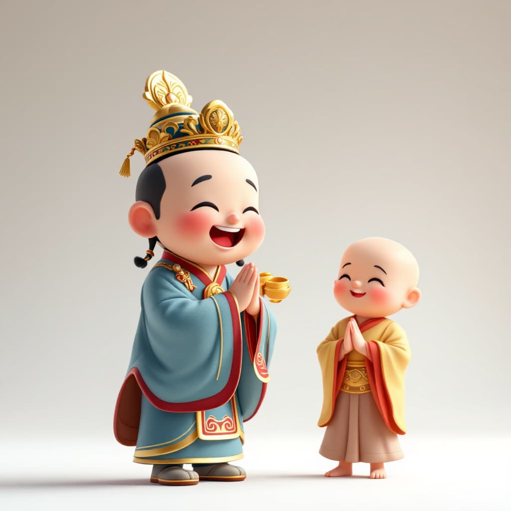 AI generated: A cute God of Wealth pays homage to God and Buddha, Pixar style, wearing cassock, bright smile, whit...