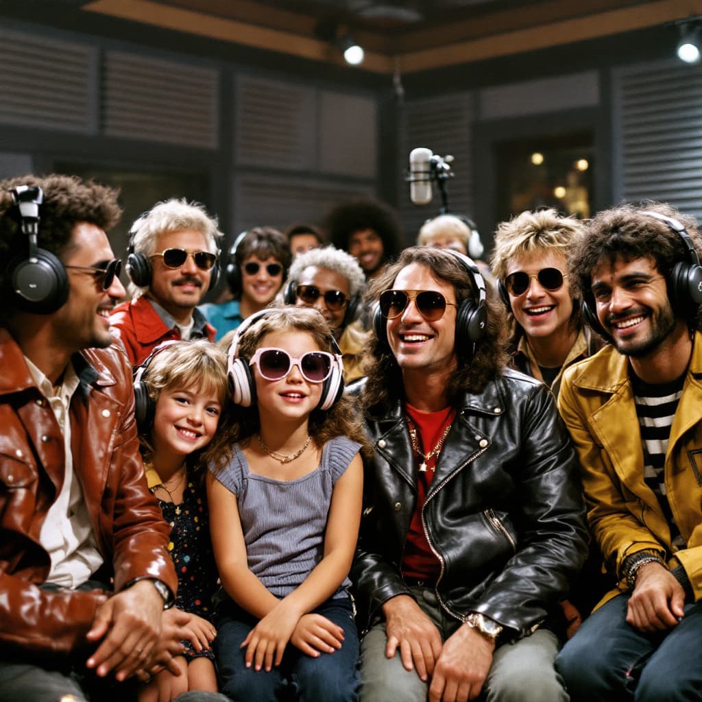 AI generated: A lively 1980s recording studio scene, showing a diverse group of musicians and artists, all wearing...
