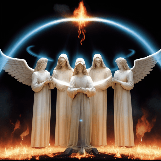 AI generated: Hyper realistic photorealistic arc of the covenant with angels standing around, fire at the centre. 