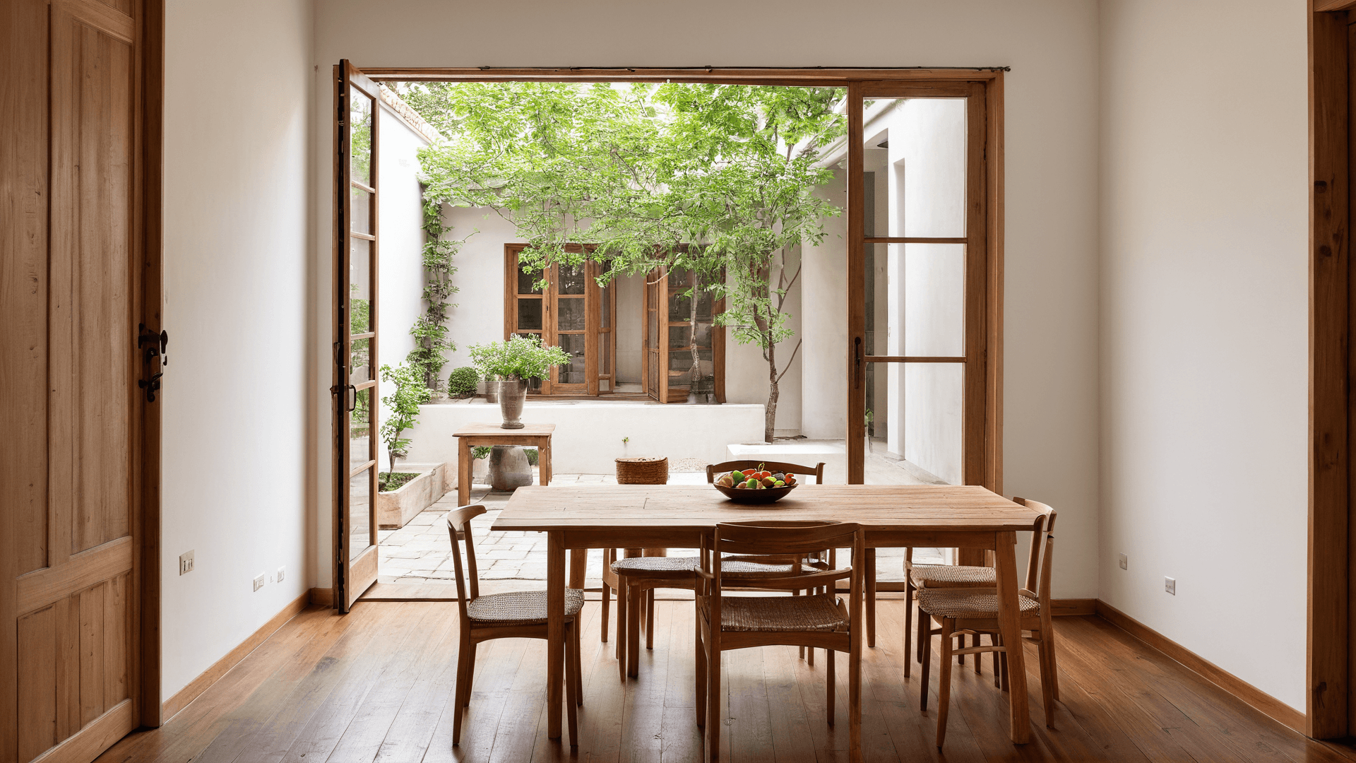 AI generated: a dining table in a small room, a wide open courtyard, natural soft lighting, tall door, wooden floo...