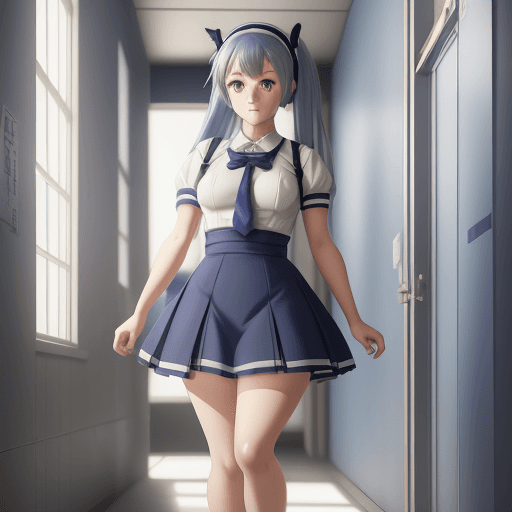 AI generated: anime girl in a short skirt and blue shirt walking in a hallway, anime maid, azur lane style, smooth...