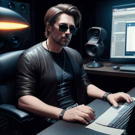 AI generated: A mysterious man with medium length, light brown hair sitting in a leather chair, wearing sunglasses...