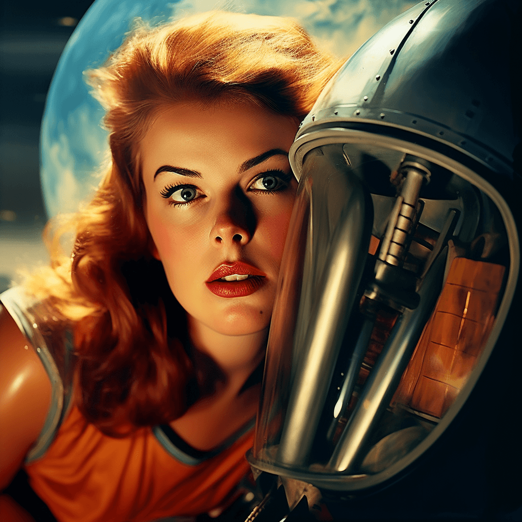 AI generated: woman in space, photograph shot with Kodak Portra 800, a Hasselblad 500C, 55mm f/ 1. 8 lens, extreme...