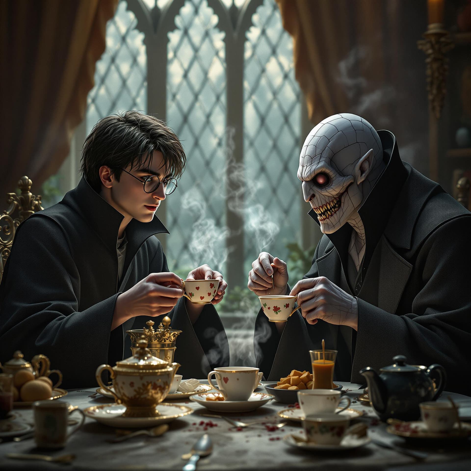 AI generated: Harry Potter and Voldemort having a tea party ((Hyperrealistic :3.3))
