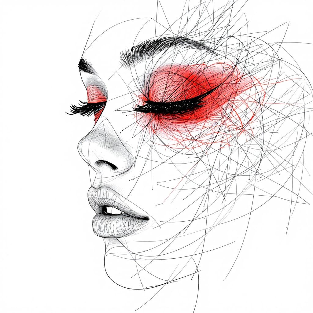 AI generated: a drawing of a woman's face with a red eyeshadow, in the style of bold colorful lines, dark beige an...