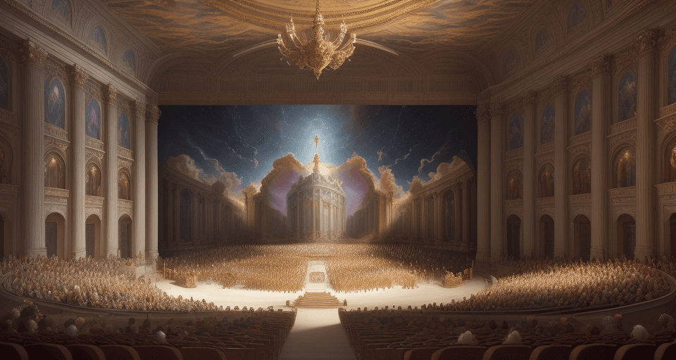 AI generated: **a painting of a concert in a large auditorium, a detailed matte painting by Andrea Pozzo, holy, an...