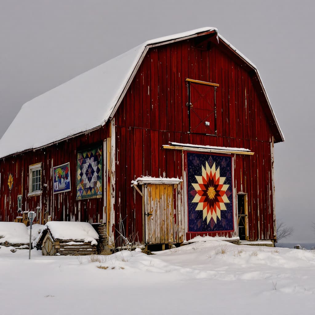 AI generated: •  3D rustic barn with a quilt pattern on the side, covered in snow.