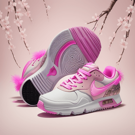 AI generated: Nike sneakers with feathers and boa, pure tones, cherry blossom, pink background, professional photo