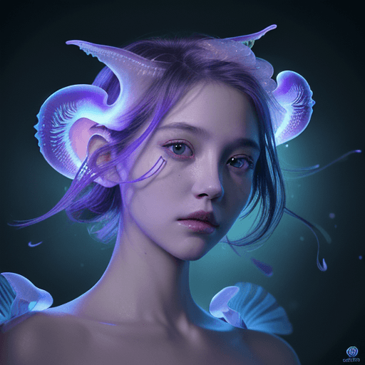 AI generated: Goddess close-up portrait ribcagel. jellyfish phoenix head, nautilus, orchid, skull, betta fish, bio...