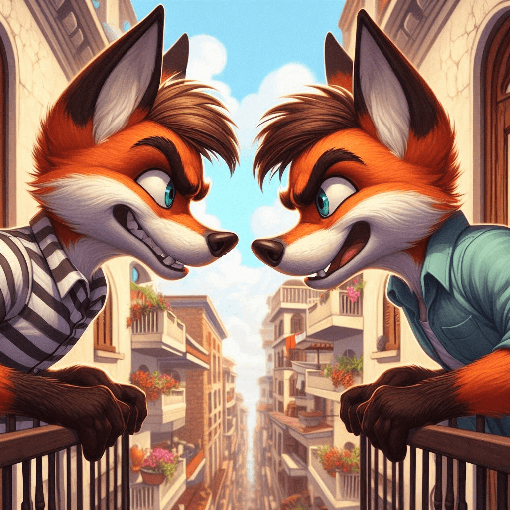 AI generated: Digital cartoon painting of two mischievous male anthropomorphic foxes with intense and playful face...