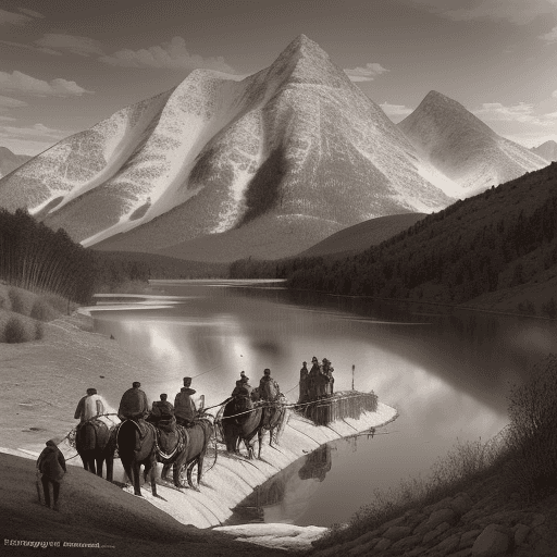 AI generated: Sepia tone photo showing a team of early 1900s construction workers using steam shovels and mules to...