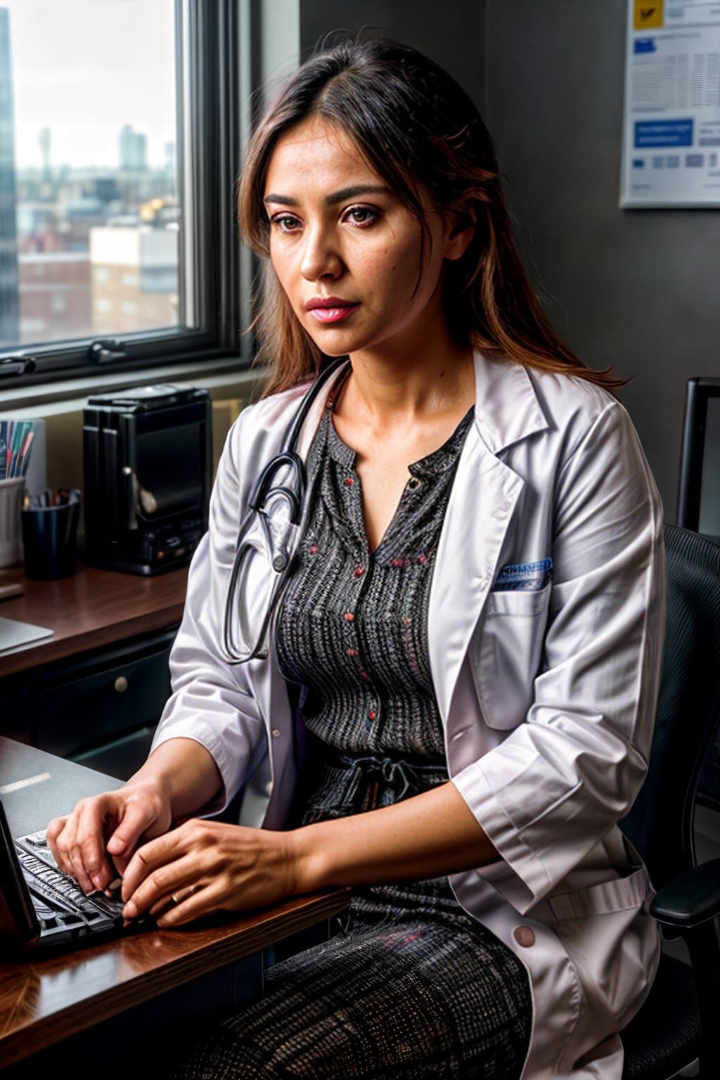 AI generated: (Doctor:1.2), (working at an office York City:1.3), using a Nikon Z7 II with a 50mm f/1.4 lens, set ...