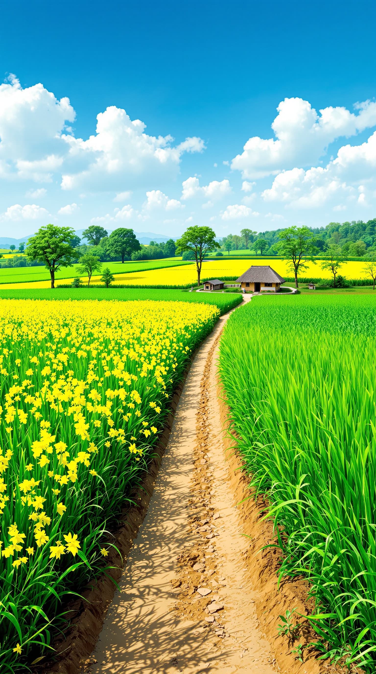 AI generated: Rural Landscape
"A green agricultural field with mustard and wheat crops, a narrow mud path leading...
