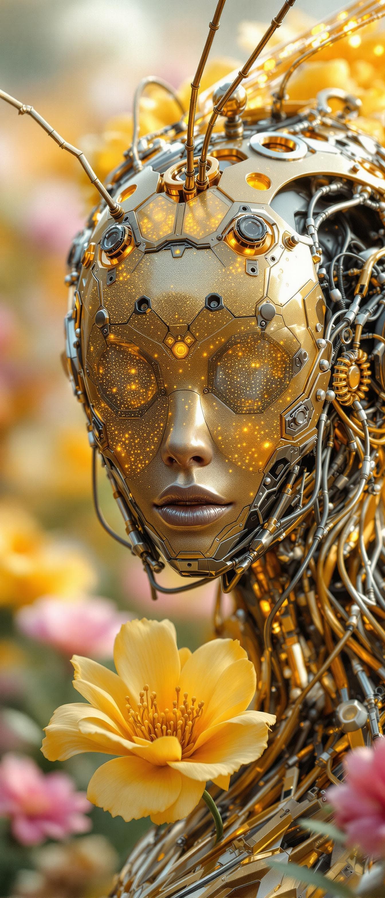 AI generated: complex 3d render ultra detailed of a beautiful metal Honeybee android face and body, seen standing ...