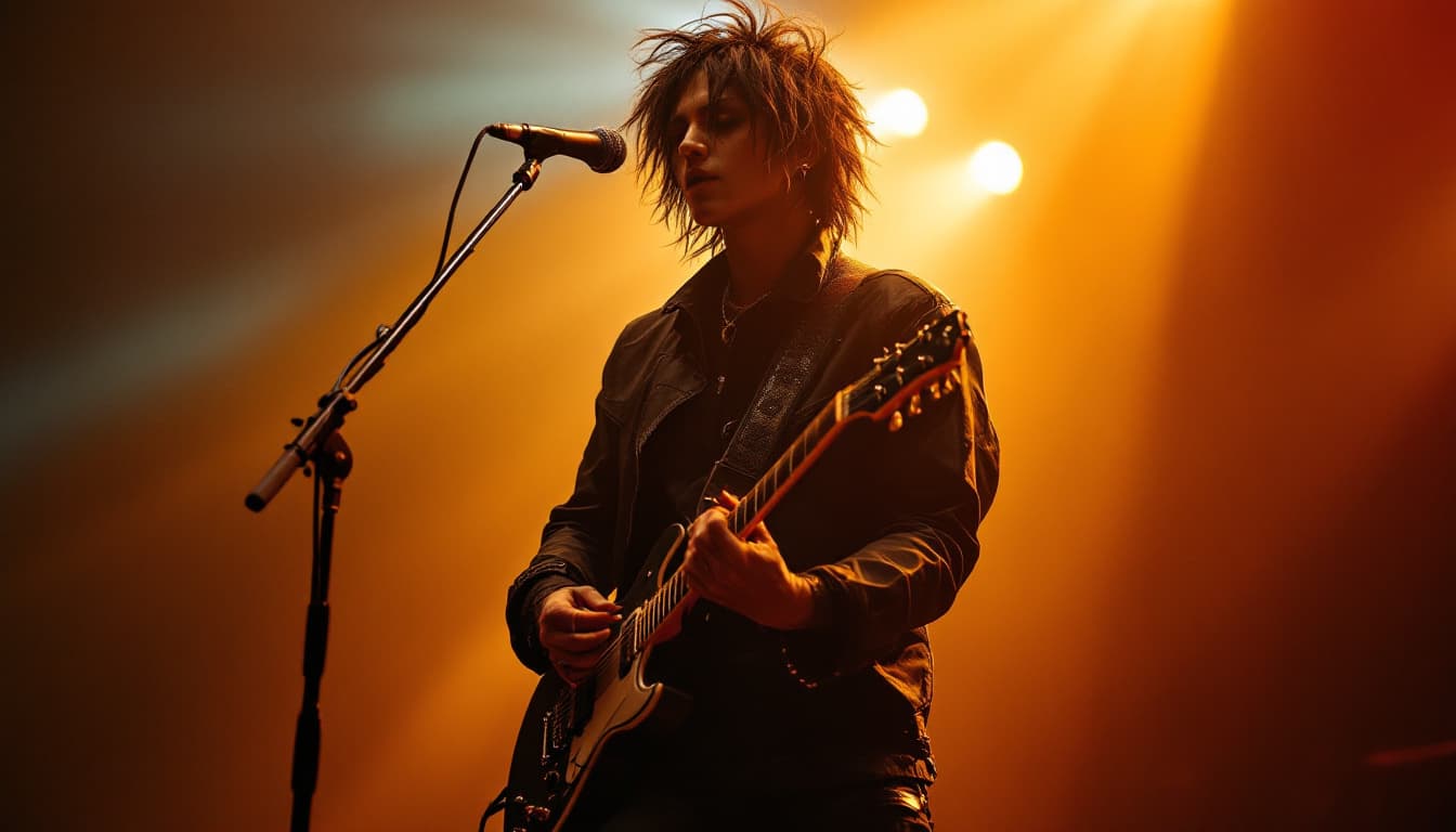 AI generated: Rock musician with guitar, rim lighting from behind, edgy style,no stereotypical R&B look, no exagge...