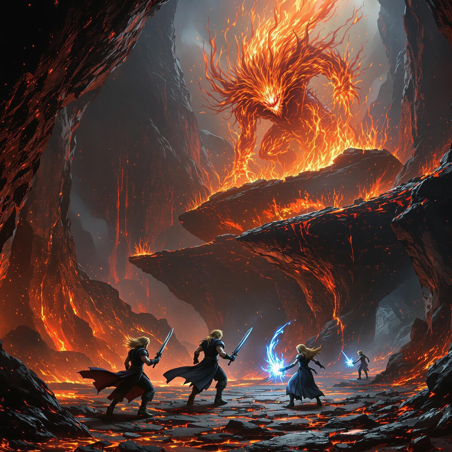 AI generated: Escena hiperrealista de la batalla contra Ifrit en la Cueva de Fuego, inspirada en Final Fantasy VII...