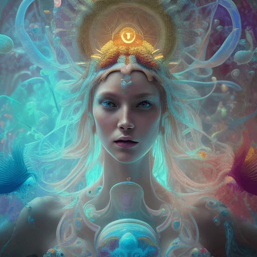 AI generated: Goddess close-up portrait ribcagel. jellyfish phoenix head, nautilus, orchid, skull, betta fish, bio...