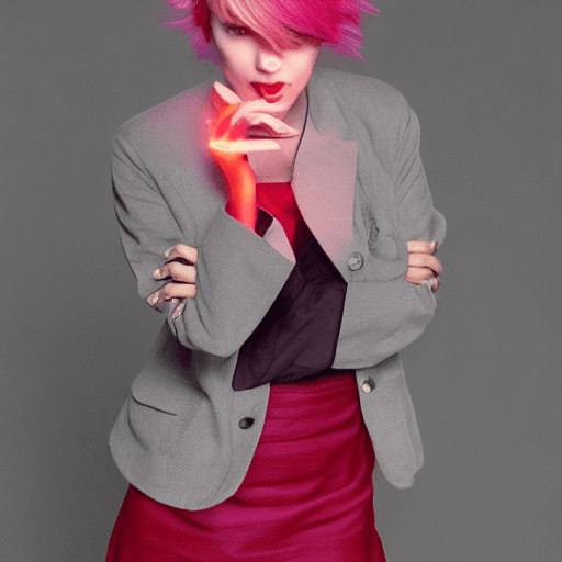 AI generated: winona ryder,  pink hair, hair with ponytail, bangs, (aqaua eyes: 0.9), (makeup, mascara: 0.9), (smi...