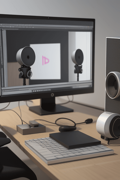 AI generated: Podcaststudio mit Schüler*innen. Es soll ein Mikrofon und Bildschirme zu sehen sein., 3d render