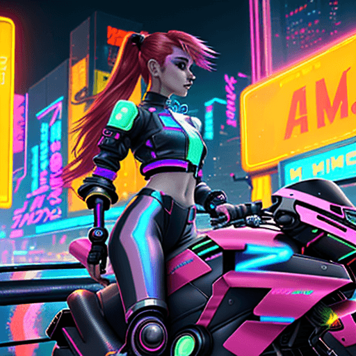 AI generated: A vibrant color grading, with warm tones dominating the scene. The background is adorned with neon s...