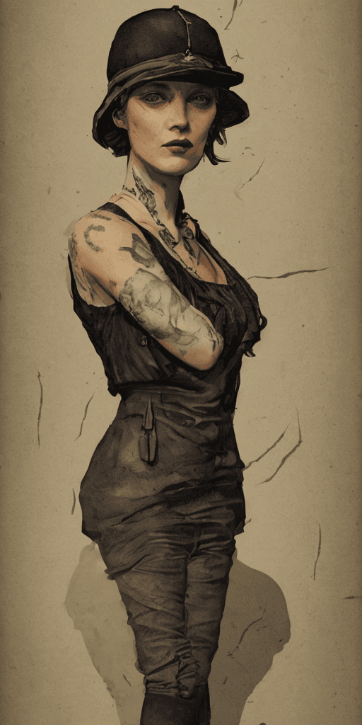 AI generated: Concept art of a beautiful female industrial 1900s gangster, Sam Weber, Joao Ruas, Octavi Arrizabala...
